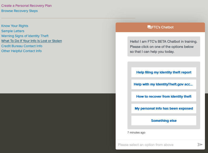 Screenshot showing FTC chatbot from lower right of page